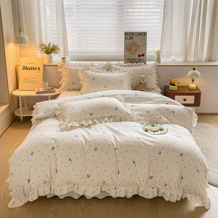 91家纺网 家纺一手货源 找家纺 优家居 2026新款精仿棉床裙三件套水洗棉韩版公主风花边床裙直播外贸定制 蝶舞翩翩