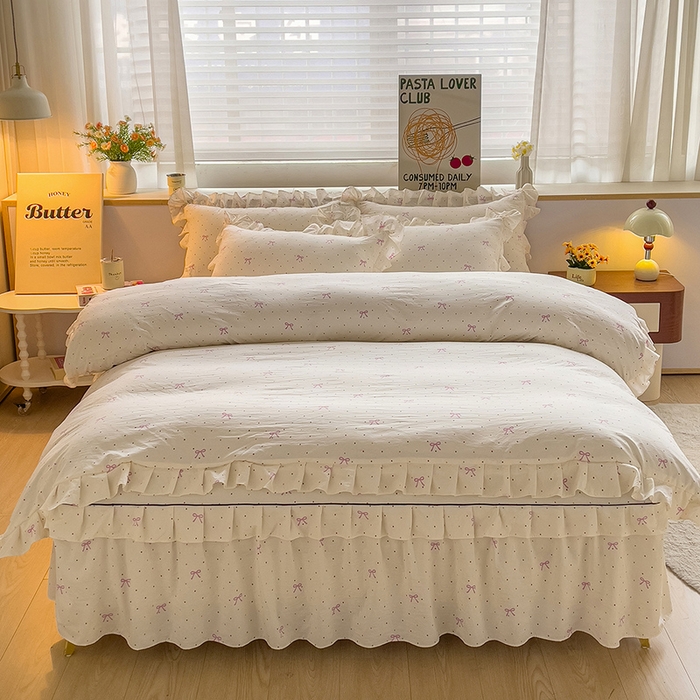 91家纺网 家纺一手货源 找家纺 优家居 2026新款精仿棉床裙三件套水洗棉韩版公主风花边床裙直播外贸定制 潘多拉-米