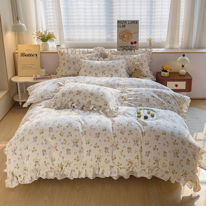 91家纺网 家纺一手货源 找家纺 优家居 2026新款精仿棉床裙三件套水洗棉韩版公主风花边床裙直播外贸定制 海芋恋