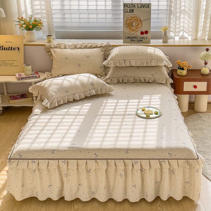 优家居 2026新款精仿棉床裙三件套水洗棉韩版公主风花边床裙直播外贸定制 星星熊