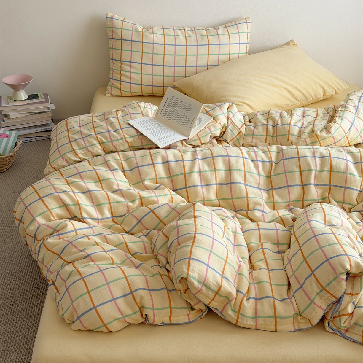 91家纺网 家纺一手货源 找家纺 玖弘家居 2026新款全棉双层纱格子四件套（默认格子枕套） 糖芯线