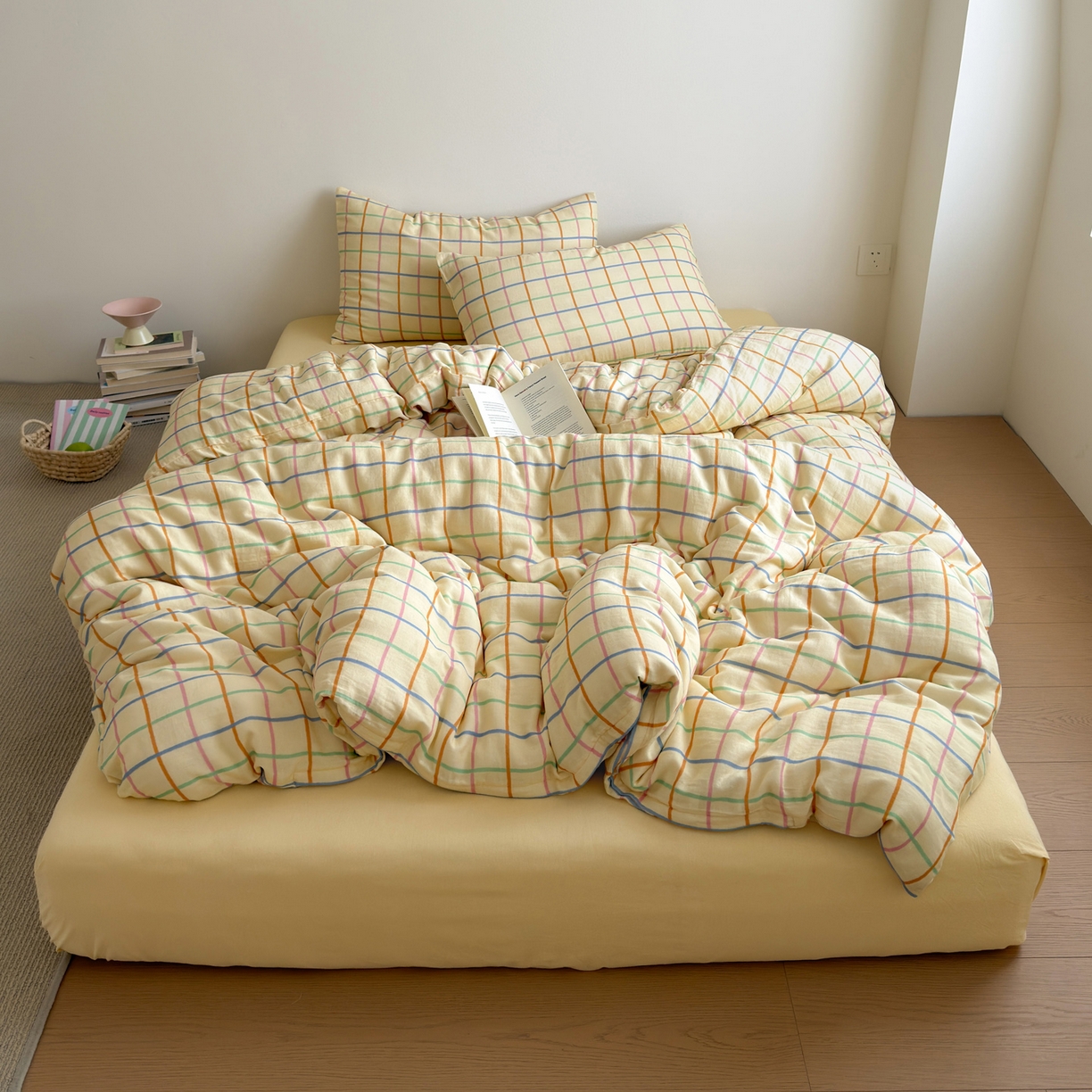 91家纺网 家纺一手货源 找家纺 玖弘家居 2026新款全棉双层纱格子四件套（默认格子枕套） 糖芯线