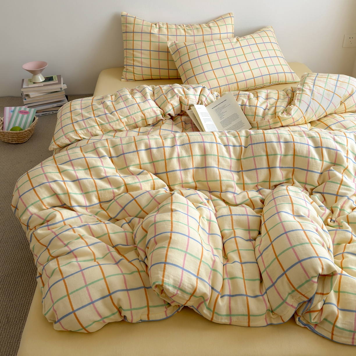 91家纺网 家纺一手货源 找家纺 玖弘家居 2026新款全棉双层纱格子四件套（默认格子枕套） 糖芯线