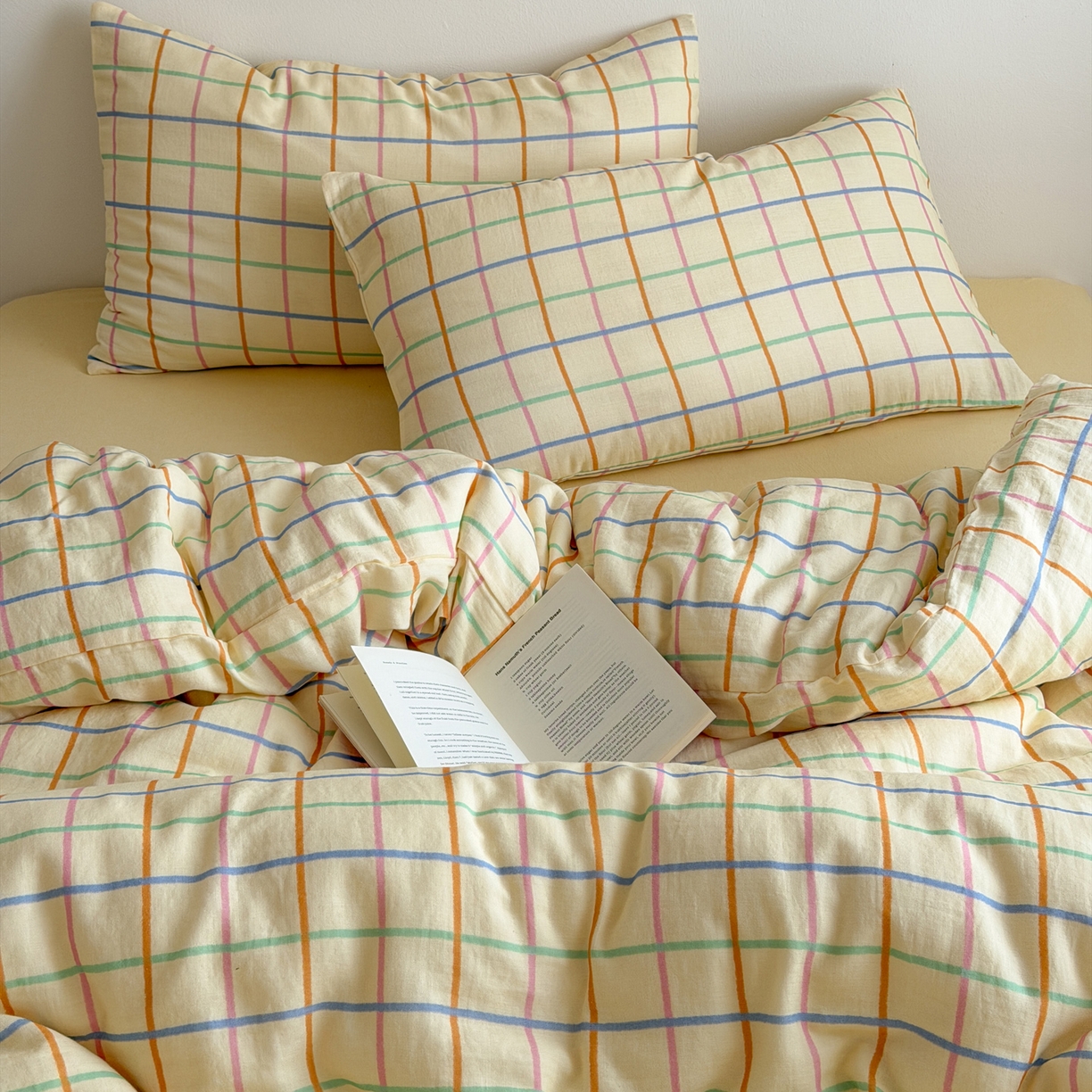 91家纺网 家纺一手货源 找家纺 玖弘家居 2026新款全棉双层纱格子四件套（默认格子枕套） 糖芯线