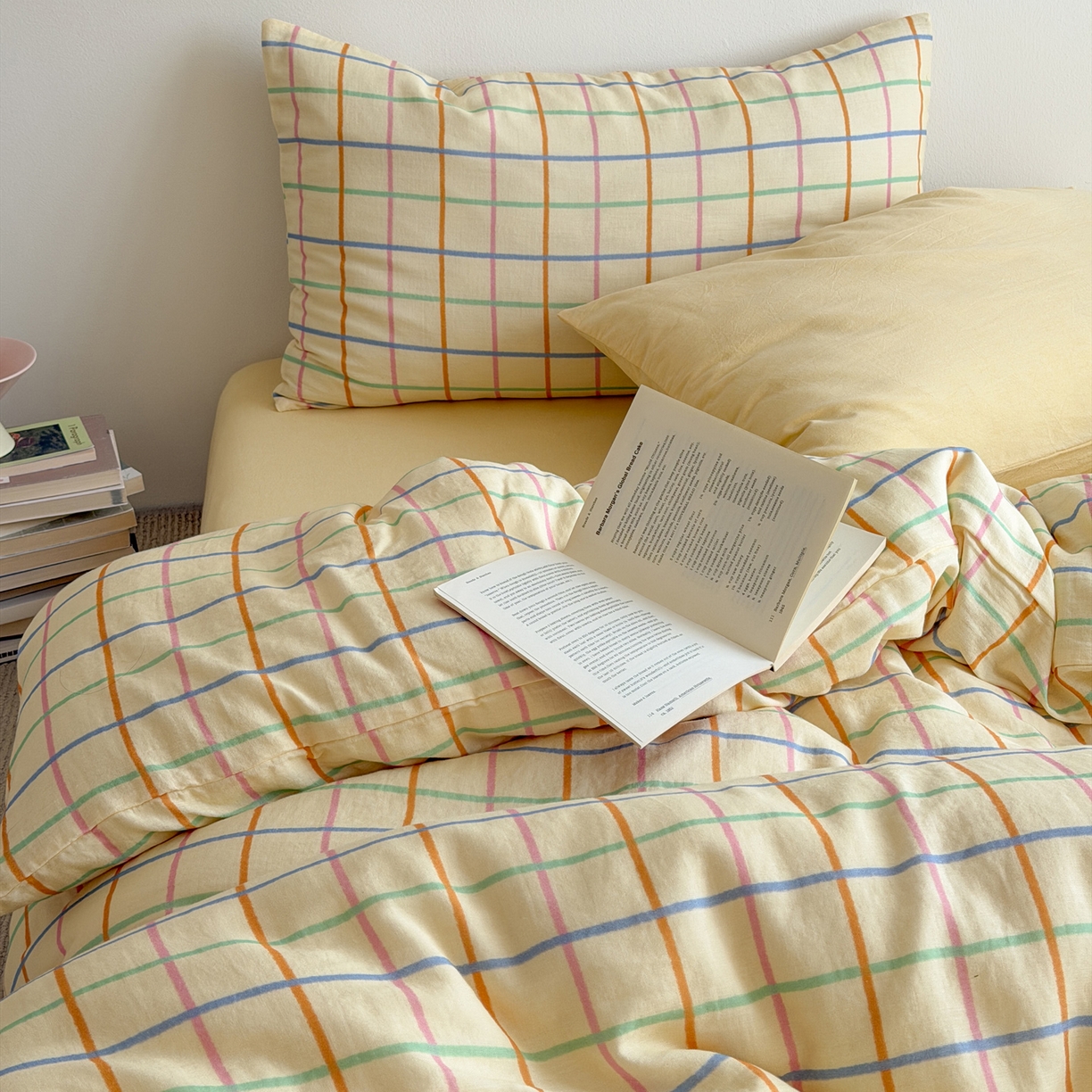 91家纺网 家纺一手货源 找家纺 玖弘家居 2026新款全棉双层纱格子四件套（默认格子枕套） 糖芯线