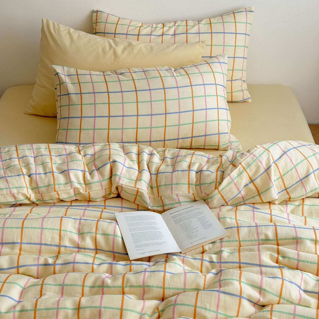 91家纺网 家纺一手货源 找家纺 玖弘家居 2026新款全棉双层纱格子四件套（默认格子枕套） 糖芯线