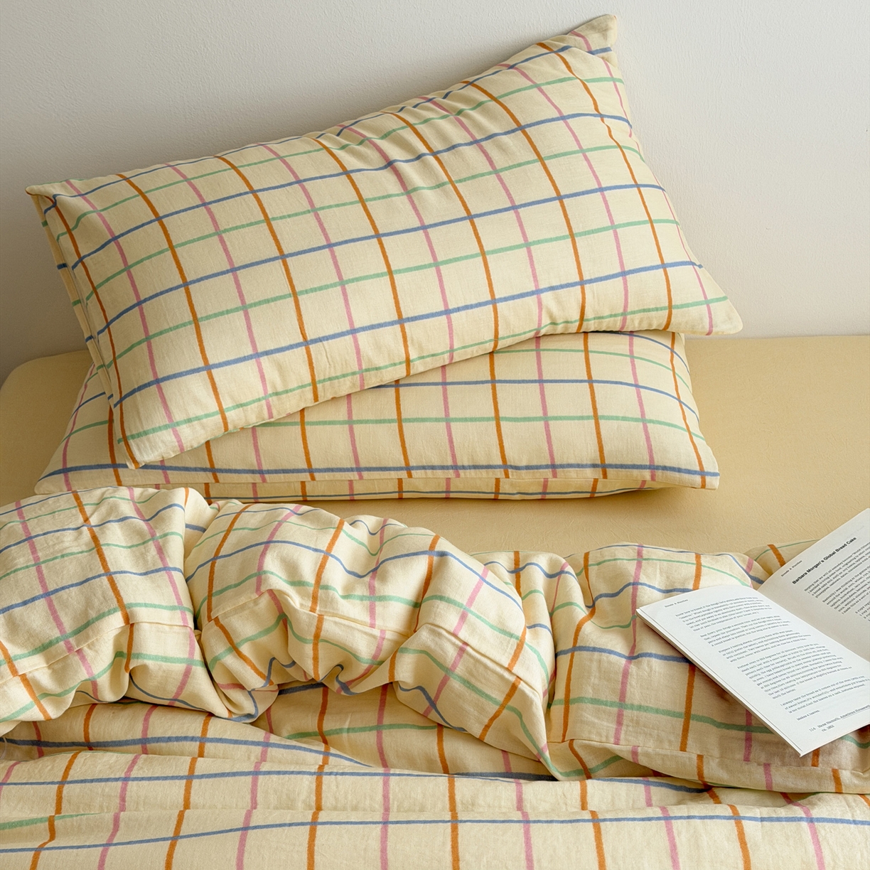 91家纺网 家纺一手货源 找家纺 玖弘家居 2026新款全棉双层纱格子四件套（默认格子枕套） 糖芯线