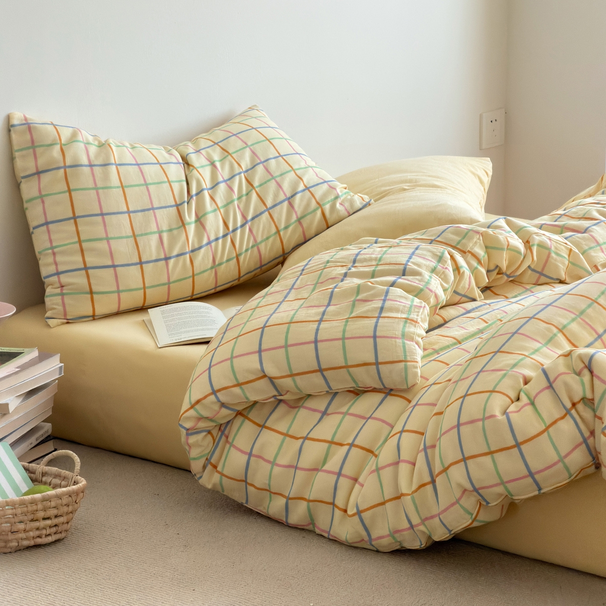 91家纺网 家纺一手货源 找家纺 玖弘家居 2026新款全棉双层纱格子四件套（默认格子枕套） 糖芯线