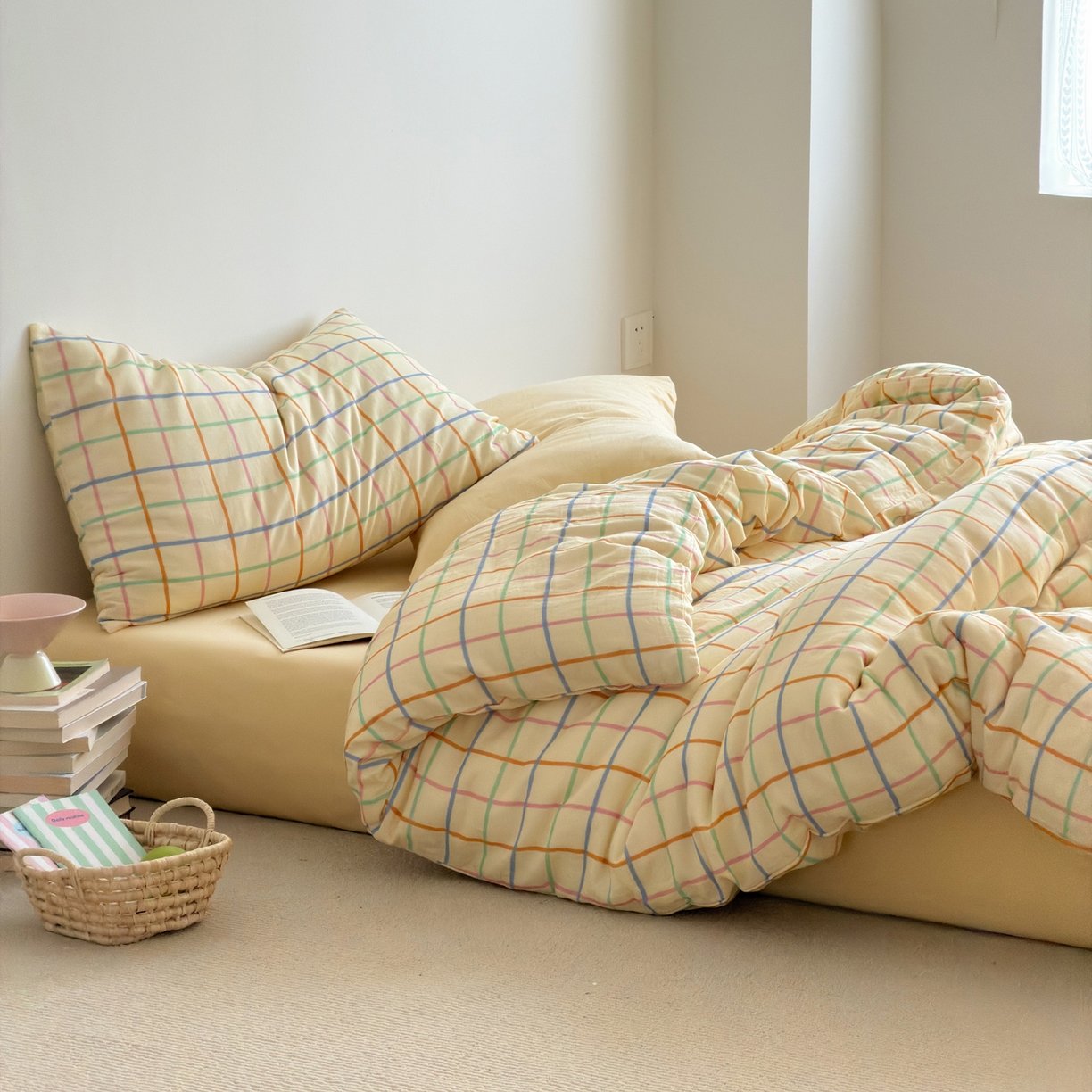 91家纺网 家纺一手货源 找家纺 玖弘家居 2026新款全棉双层纱格子四件套（默认格子枕套） 糖芯线