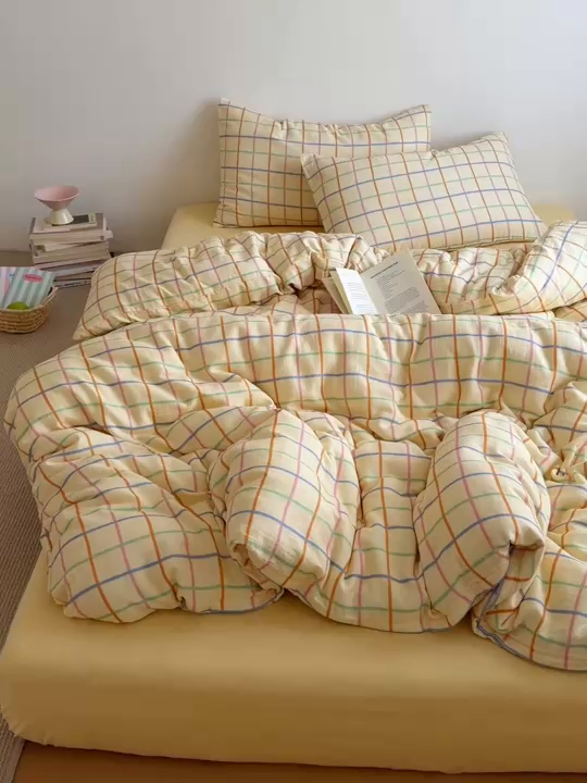 91家纺网 家纺一手货源 找家纺 玖弘家居 2026新款全棉双层纱格子四件套（默认格子枕套） 糖芯线