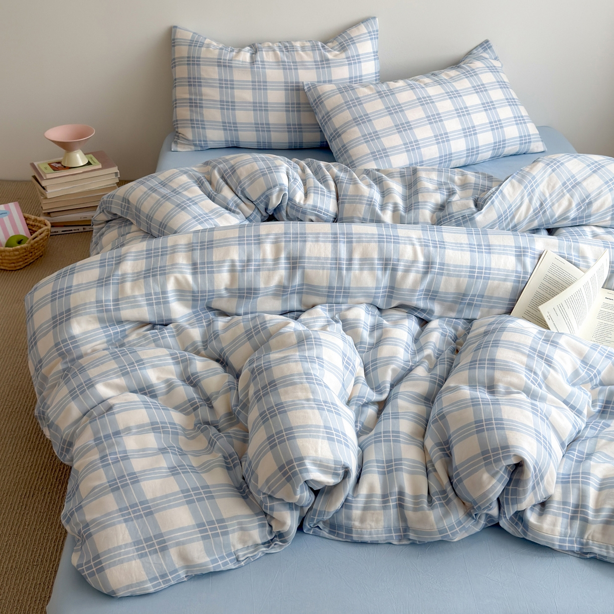 91家纺网 家纺一手货源 找家纺 玖弘家居 2026新款全棉双层纱格子四件套（默认格子枕套） 天空蓝