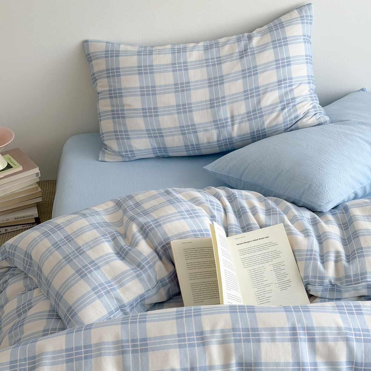 91家纺网 家纺一手货源 找家纺 玖弘家居 2026新款全棉双层纱格子四件套（默认格子枕套） 天空蓝