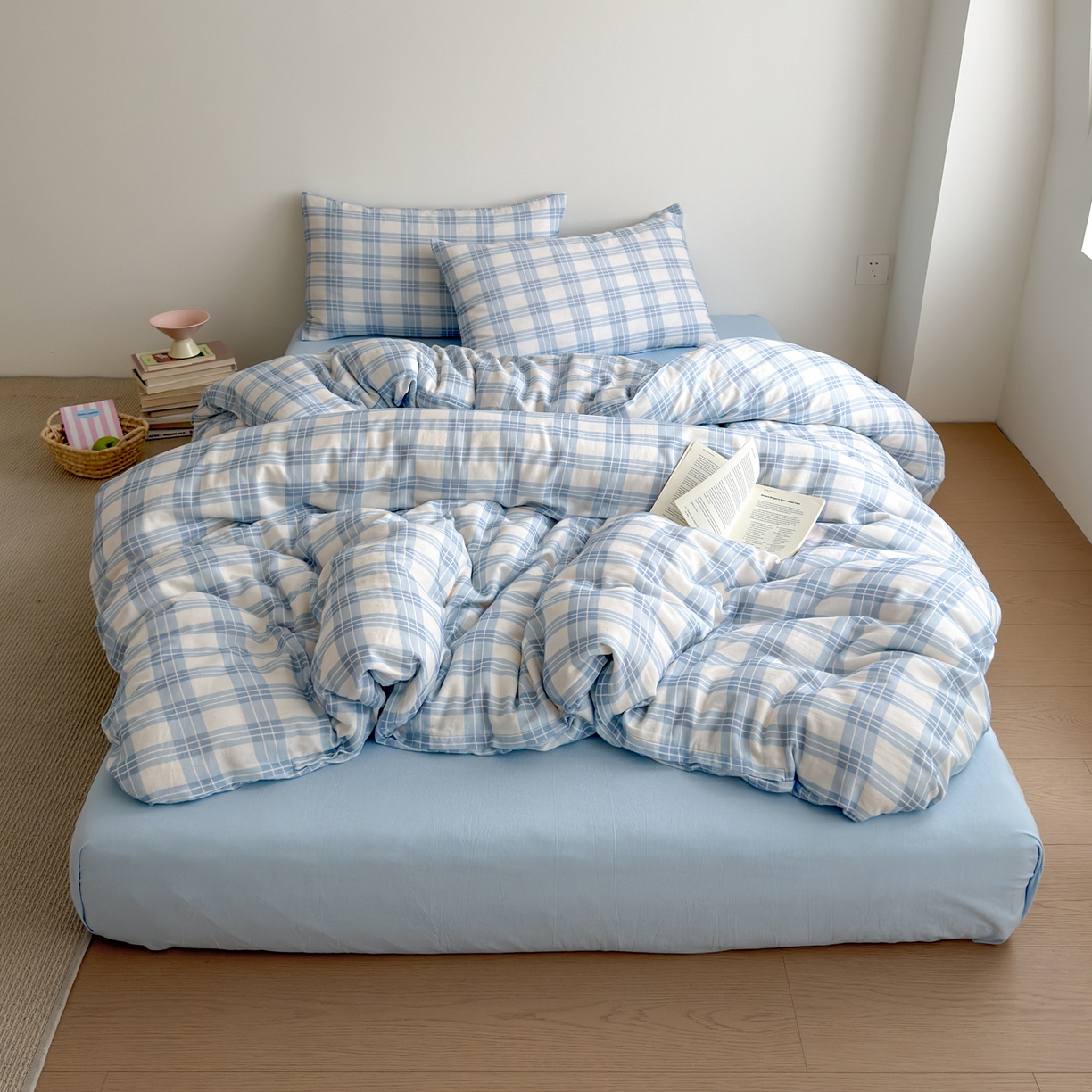 91家纺网 家纺一手货源 找家纺 玖弘家居 2026新款全棉双层纱格子四件套（默认格子枕套） 天空蓝