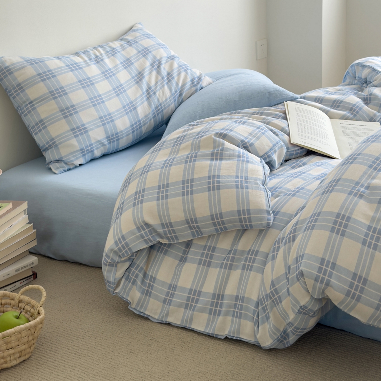 91家纺网 家纺一手货源 找家纺 玖弘家居 2026新款全棉双层纱格子四件套（默认格子枕套） 天空蓝