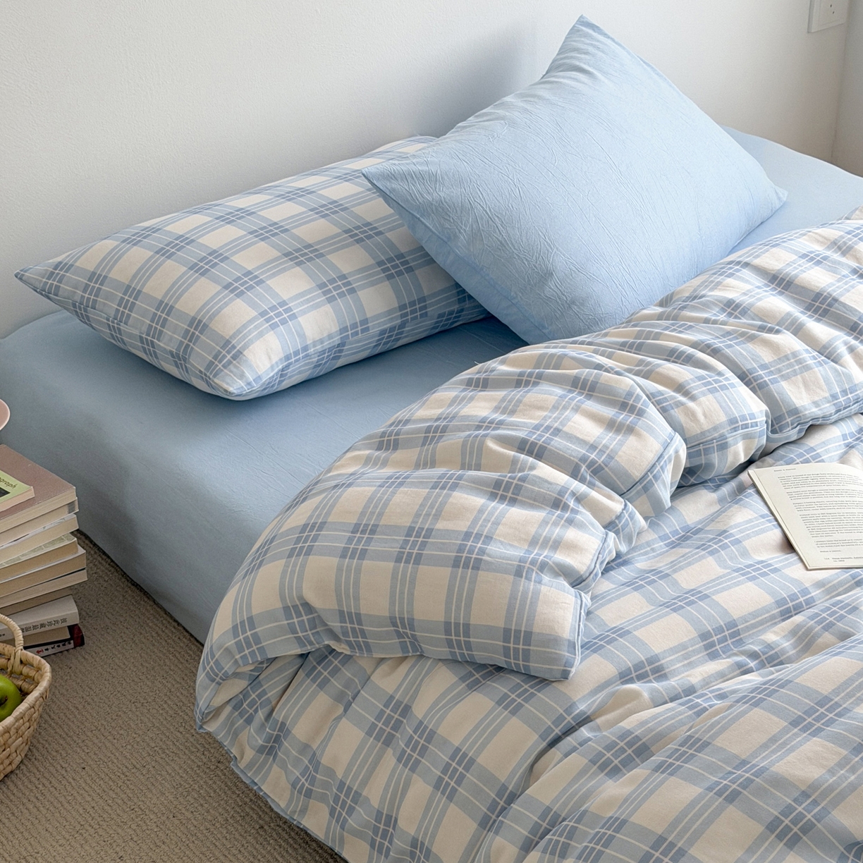 玖弘家居 2026新款全棉双层纱格子四件套（默认格子枕套） 天空蓝