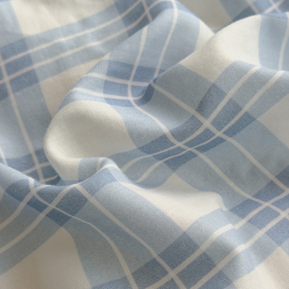 91家纺网 家纺一手货源 找家纺 玖弘家居 2026新款全棉双层纱格子四件套（默认格子枕套） 天空蓝