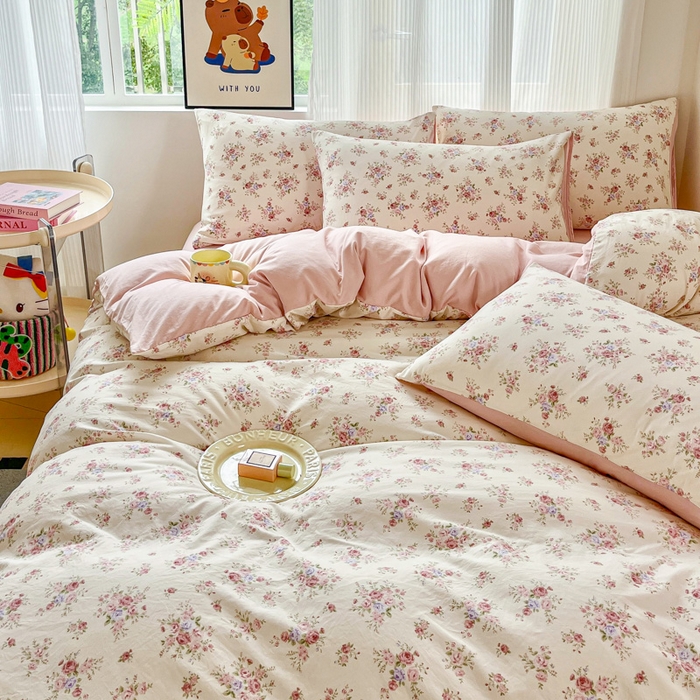 91家纺网 家纺一手货源 找家纺 斯卡诺家纺 2026新款春夏古法水洗仿棉云感纱四件套小布袋五件套 红粉佳人