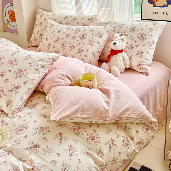 91家纺网 家纺一手货源 找家纺 斯卡诺家纺 2026新款春夏古法水洗仿棉云感纱四件套小布袋五件套 红粉佳人