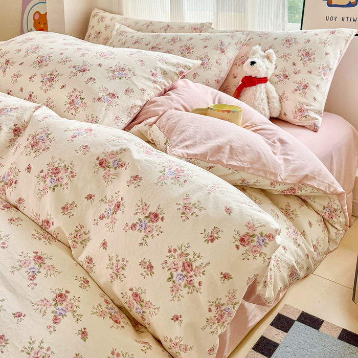 91家纺网 家纺一手货源 找家纺 斯卡诺家纺 2026新款春夏古法水洗仿棉云感纱四件套小布袋五件套 红粉佳人