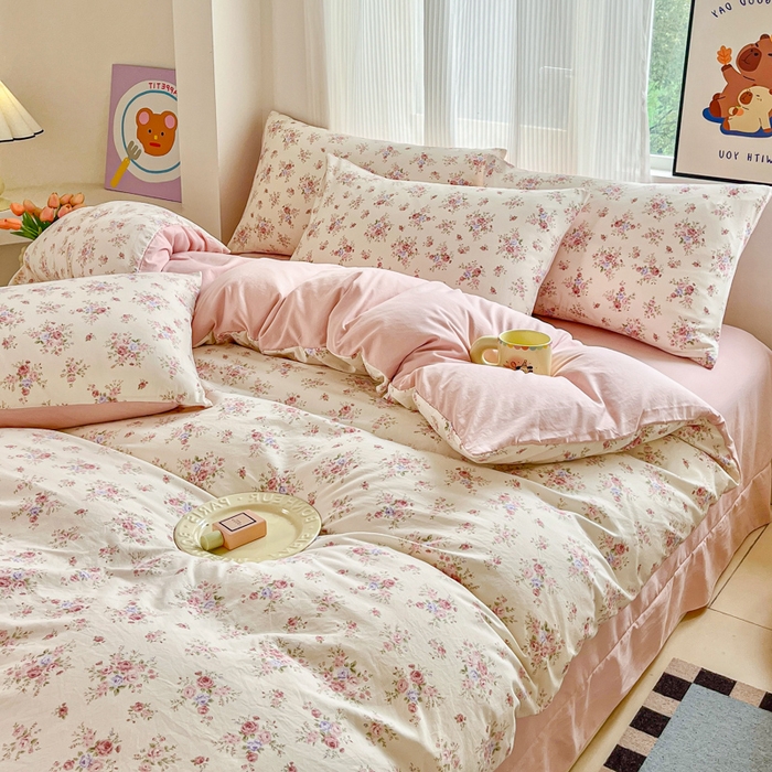 91家纺网 家纺一手货源 找家纺 斯卡诺家纺 2026新款春夏古法水洗仿棉云感纱四件套小布袋五件套 红粉佳人