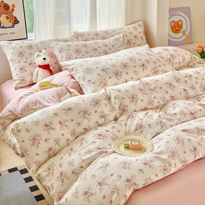 91家纺网 家纺一手货源 找家纺 斯卡诺家纺 2026新款春夏古法水洗仿棉云感纱四件套小布袋五件套 红粉佳人