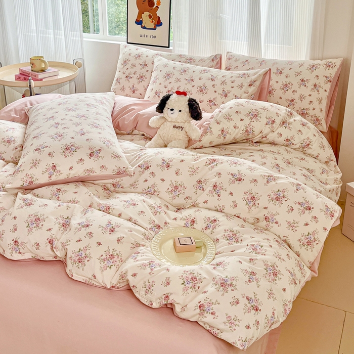 91家纺网 家纺一手货源 找家纺 斯卡诺家纺 2026新款春夏古法水洗仿棉云感纱四件套小布袋五件套 红粉佳人