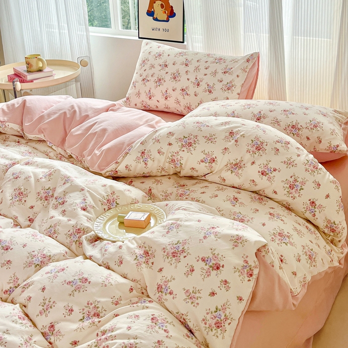 91家纺网 家纺一手货源 找家纺 斯卡诺家纺 2026新款春夏古法水洗仿棉云感纱四件套小布袋五件套 红粉佳人