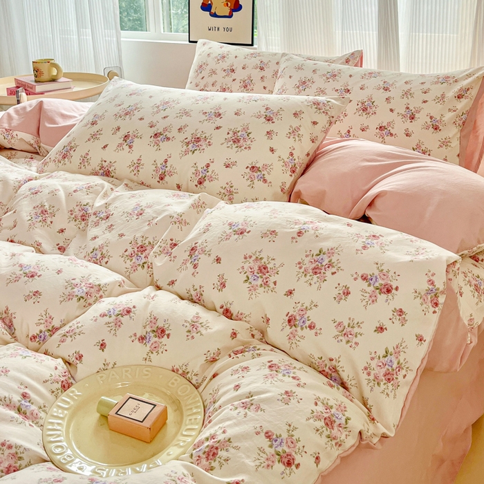 91家纺网 家纺一手货源 找家纺 斯卡诺家纺 2026新款春夏古法水洗仿棉云感纱四件套小布袋五件套 红粉佳人