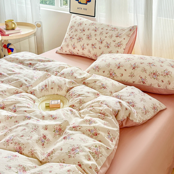 91家纺网 家纺一手货源 找家纺 斯卡诺家纺 2026新款春夏古法水洗仿棉云感纱四件套小布袋五件套 红粉佳人