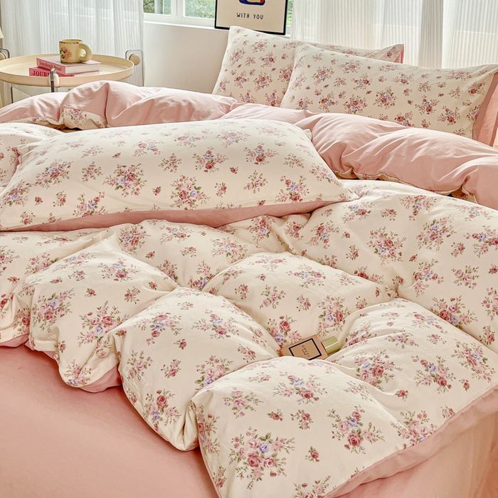 91家纺网 家纺一手货源 找家纺 斯卡诺家纺 2026新款春夏古法水洗仿棉云感纱四件套小布袋五件套 红粉佳人