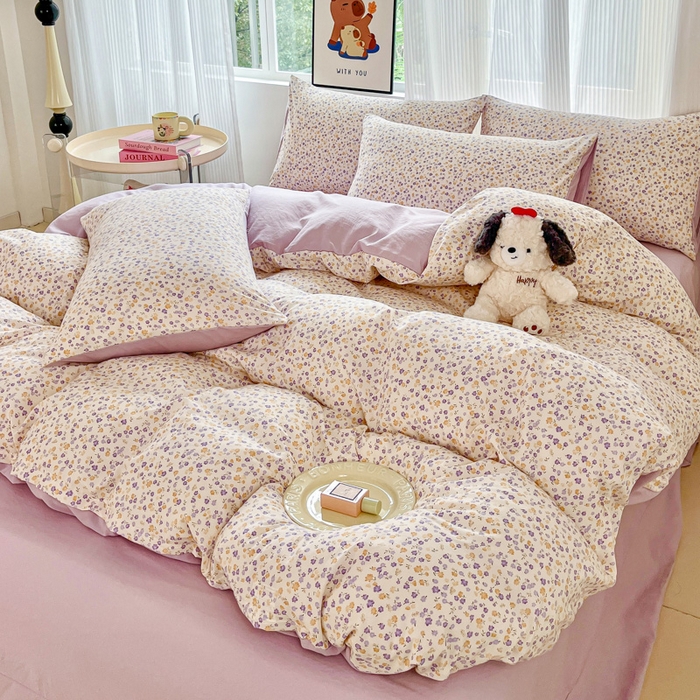 91家纺网 家纺一手货源 找家纺 斯卡诺家纺 2026新款春夏古法水洗仿棉云感纱四件套小布袋五件套 花千朵