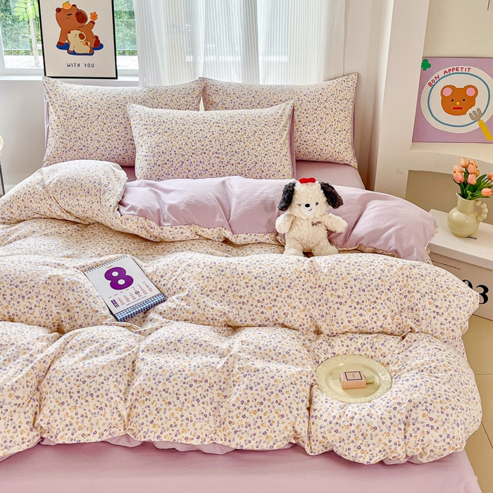 91家纺网 家纺一手货源 找家纺 斯卡诺家纺 2026新款春夏古法水洗仿棉云感纱四件套小布袋五件套 花千朵