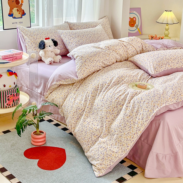 91家纺网 家纺一手货源 找家纺 斯卡诺家纺 2026新款春夏古法水洗仿棉云感纱四件套小布袋五件套 花千朵