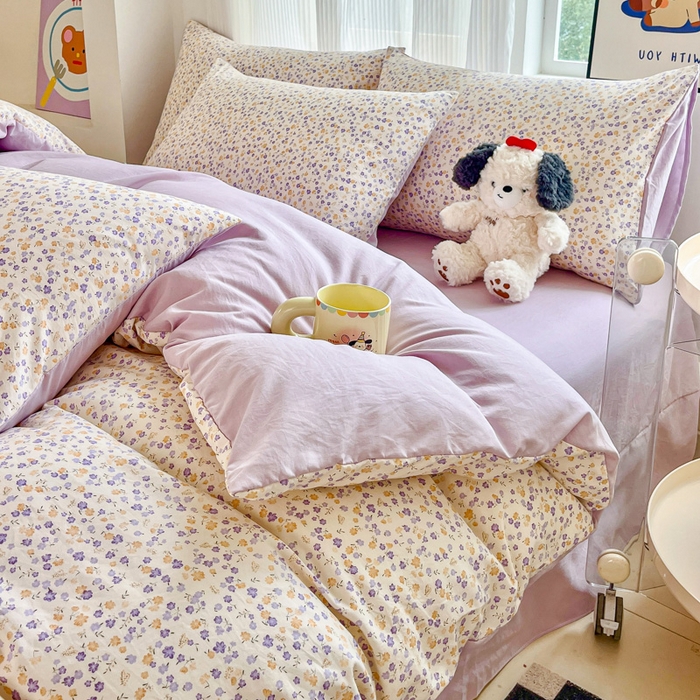 91家纺网 家纺一手货源 找家纺 斯卡诺家纺 2026新款春夏古法水洗仿棉云感纱四件套小布袋五件套 花千朵