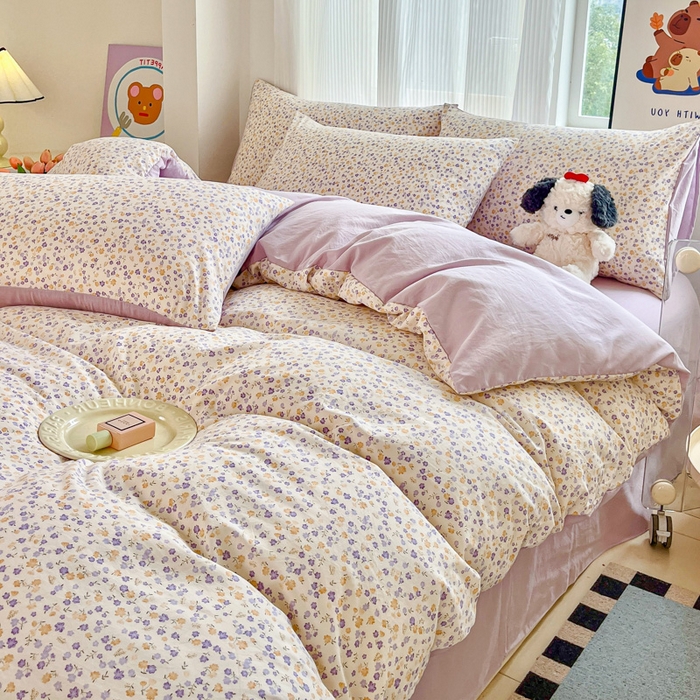 91家纺网 家纺一手货源 找家纺 斯卡诺家纺 2026新款春夏古法水洗仿棉云感纱四件套小布袋五件套 花千朵