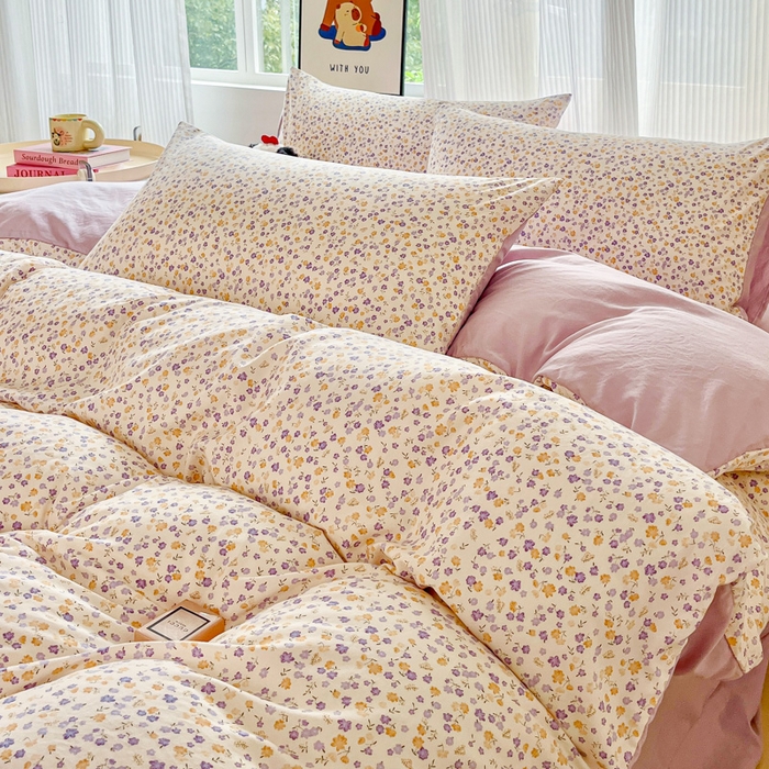 91家纺网 家纺一手货源 找家纺 斯卡诺家纺 2026新款春夏古法水洗仿棉云感纱四件套小布袋五件套 花千朵