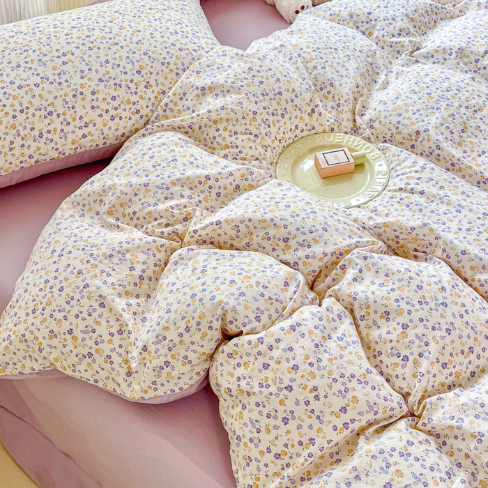 91家纺网 家纺一手货源 找家纺 斯卡诺家纺 2026新款春夏古法水洗仿棉云感纱四件套小布袋五件套 花千朵