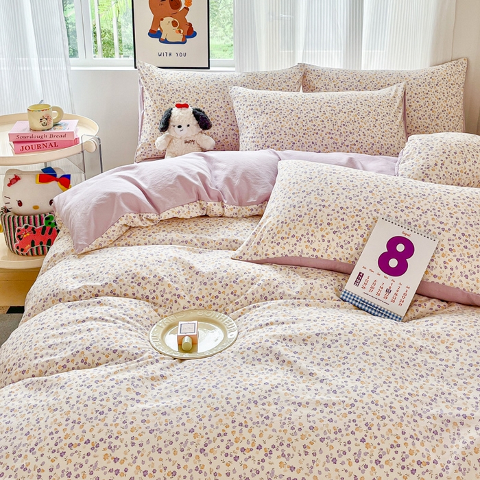 91家纺网 家纺一手货源 找家纺 斯卡诺家纺 2026新款春夏古法水洗仿棉云感纱四件套小布袋五件套 花千朵