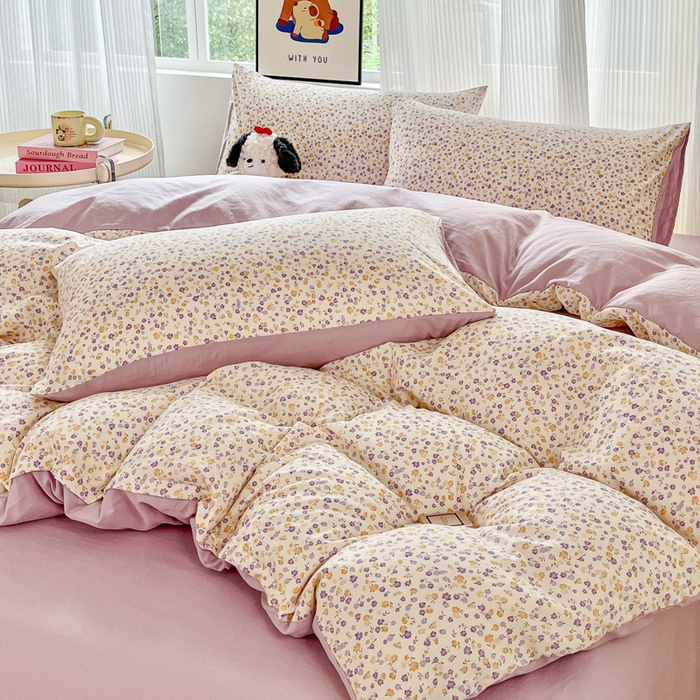 91家纺网 家纺一手货源 找家纺 斯卡诺家纺 2026新款春夏古法水洗仿棉云感纱四件套小布袋五件套 花千朵