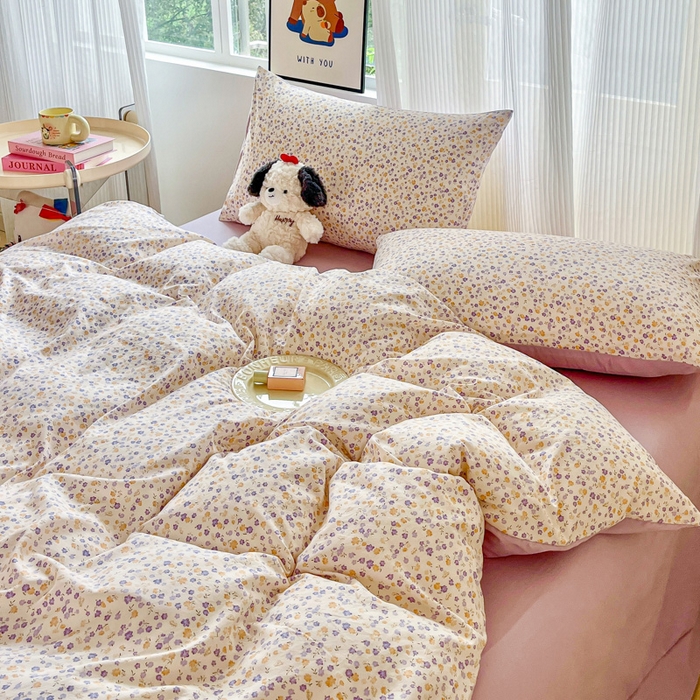 91家纺网 家纺一手货源 找家纺 斯卡诺家纺 2026新款春夏古法水洗仿棉云感纱四件套小布袋五件套 花千朵