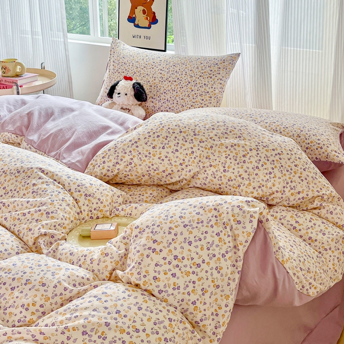 91家纺网 家纺一手货源 找家纺 斯卡诺家纺 2026新款春夏古法水洗仿棉云感纱四件套小布袋五件套 花千朵