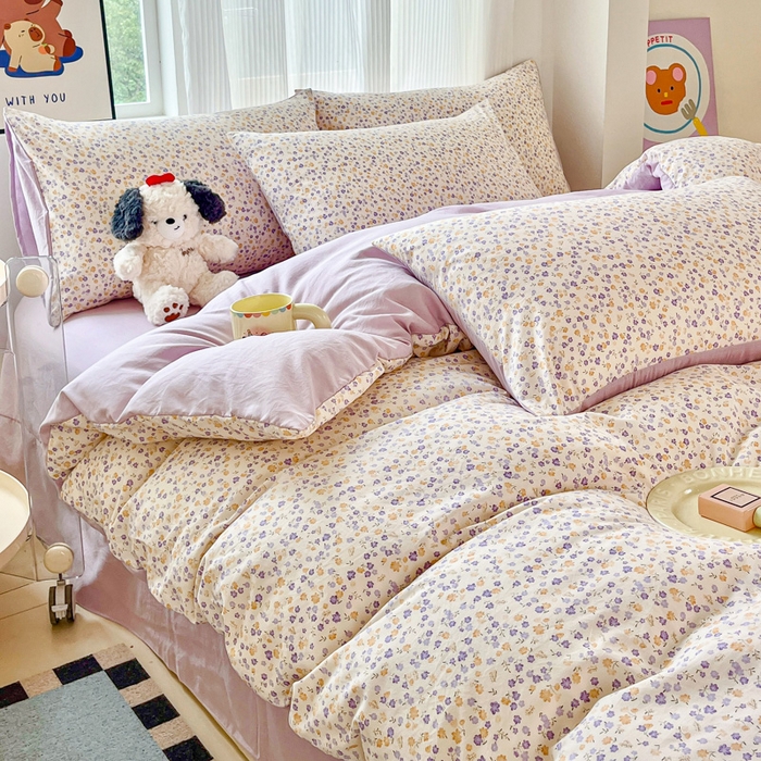 91家纺网 家纺一手货源 找家纺 斯卡诺家纺 2026新款春夏古法水洗仿棉云感纱四件套小布袋五件套 花千朵