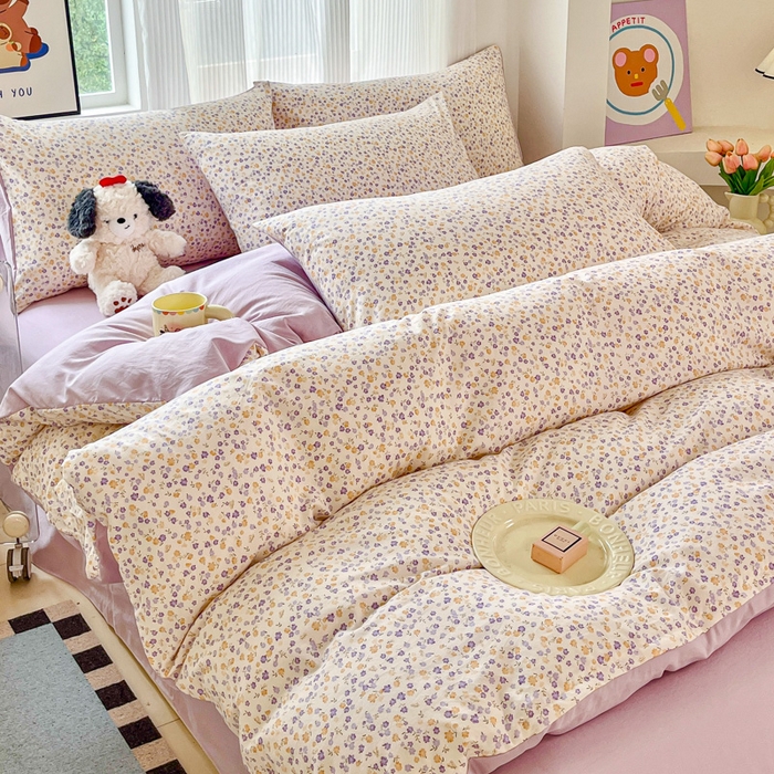 91家纺网 家纺一手货源 找家纺 斯卡诺家纺 2026新款春夏古法水洗仿棉云感纱四件套小布袋五件套 花千朵