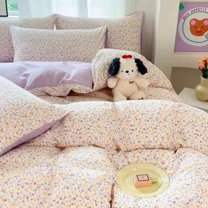 91家纺网 家纺一手货源 找家纺 斯卡诺家纺 2026新款春夏古法水洗仿棉云感纱四件套小布袋五件套 花千朵