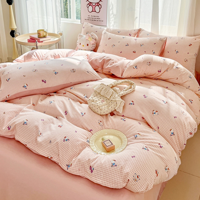 91家纺网 家纺一手货源 找家纺 斯卡诺家纺 2026新款春夏古法水洗仿棉云感纱四件套小布袋五件套 凯蒂猫