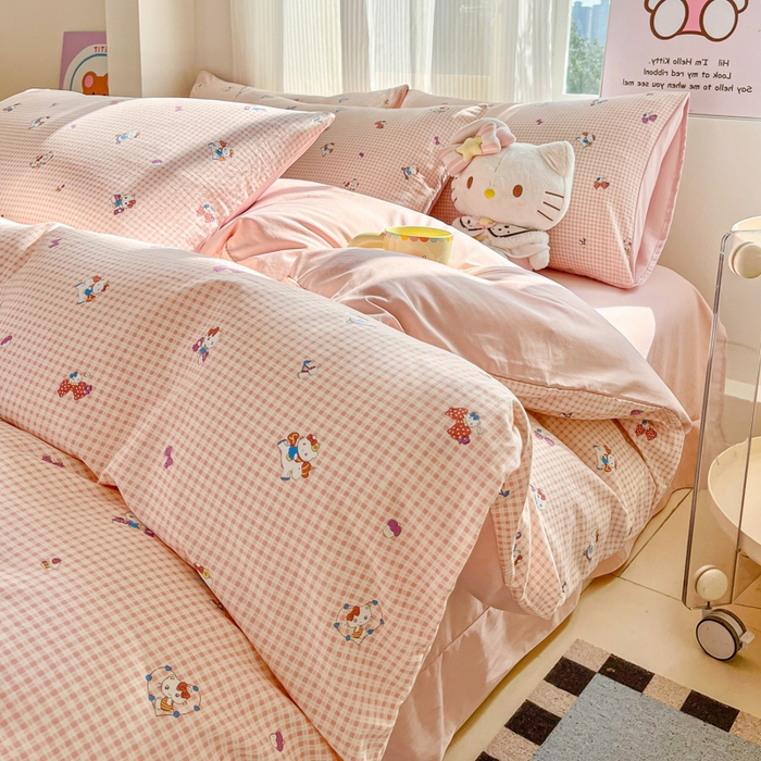 91家纺网 家纺一手货源 找家纺 斯卡诺家纺 2026新款春夏古法水洗仿棉云感纱四件套小布袋五件套 凯蒂猫