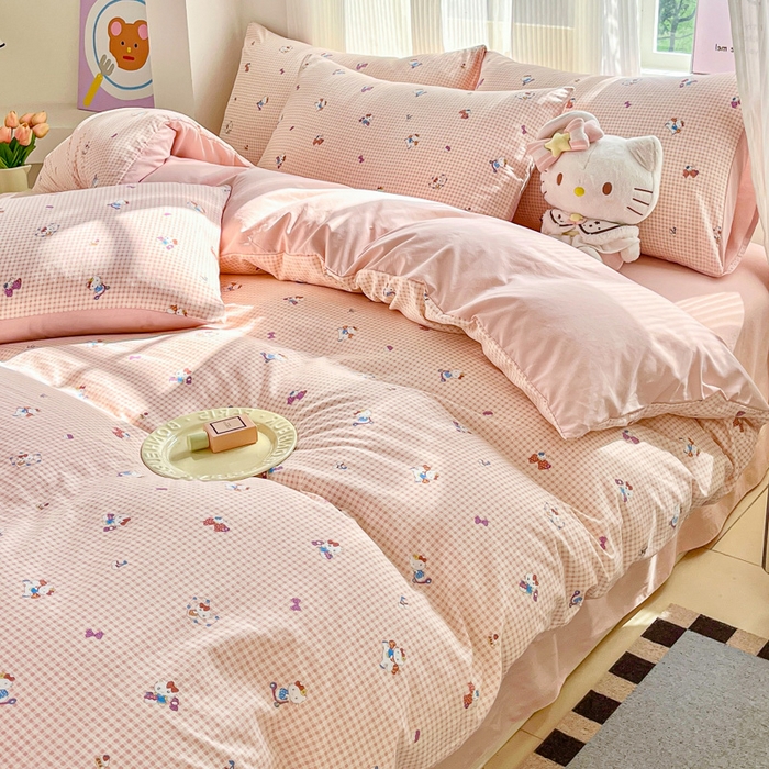 91家纺网 家纺一手货源 找家纺 斯卡诺家纺 2026新款春夏古法水洗仿棉云感纱四件套小布袋五件套 凯蒂猫