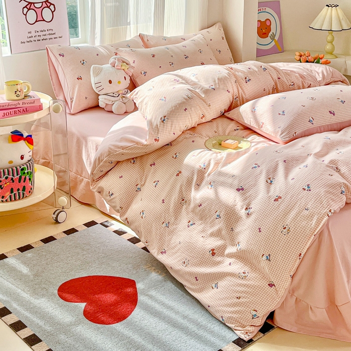 91家纺网 家纺一手货源 找家纺 斯卡诺家纺 2026新款春夏古法水洗仿棉云感纱四件套小布袋五件套 凯蒂猫