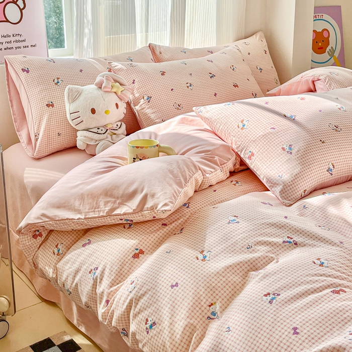 91家纺网 家纺一手货源 找家纺 斯卡诺家纺 2026新款春夏古法水洗仿棉云感纱四件套小布袋五件套 凯蒂猫