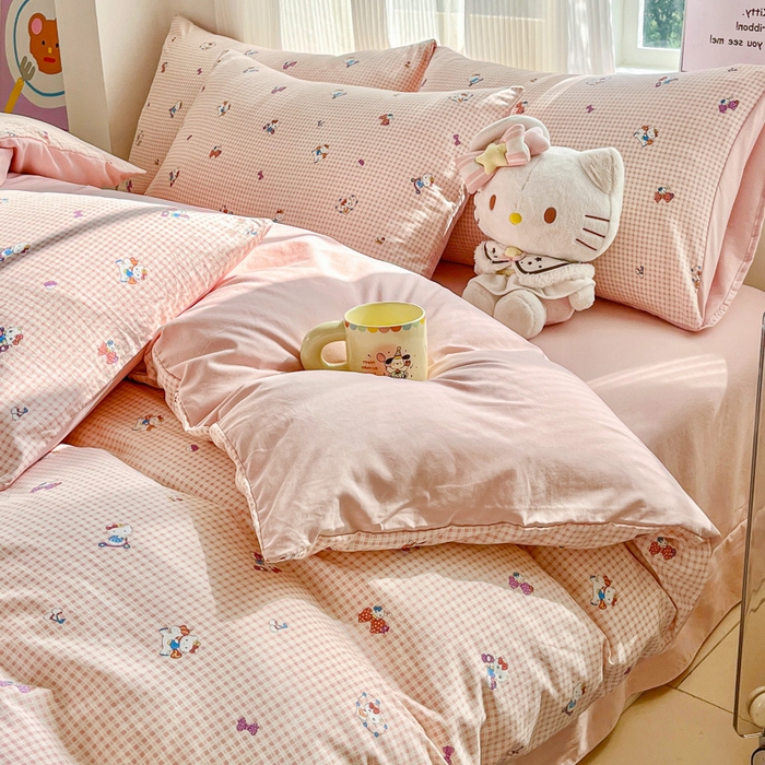 91家纺网 家纺一手货源 找家纺 斯卡诺家纺 2026新款春夏古法水洗仿棉云感纱四件套小布袋五件套 凯蒂猫